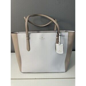 KATE SPADE Two Tone Large Tote Tab White Purse Double Handle Shoulder Bag EUC